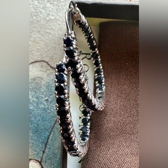 Ross-Simons sterling silver blue sapphire inside outside hoop earrings - Picture 11 of 15